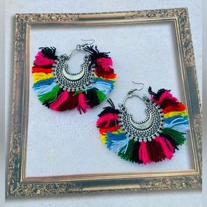 Boho Indian rainbow multi color Fringe thread silver chandbali beach Earrings
